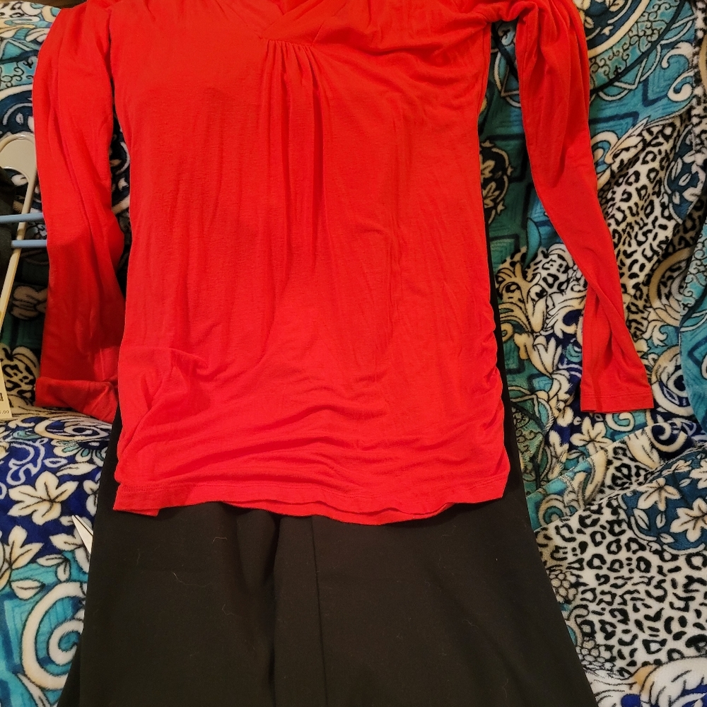 Liz Lange maternity long sleeve blouse with hood & Motherhood Maternity pants.